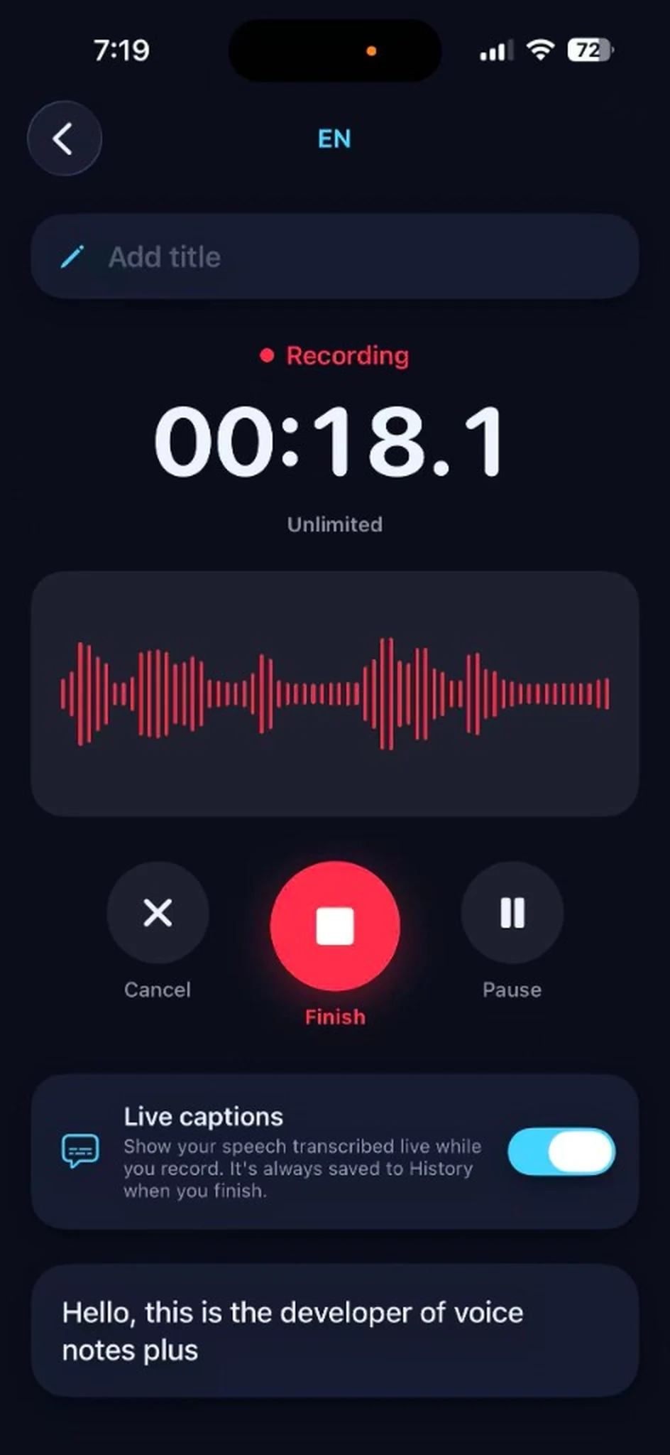 Voice memo recording with live captions