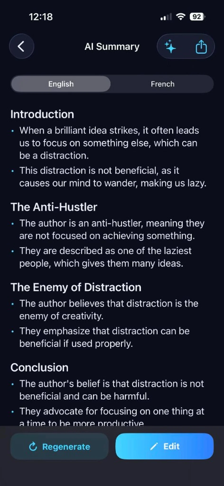 On-device AI summary with headings and bullets
